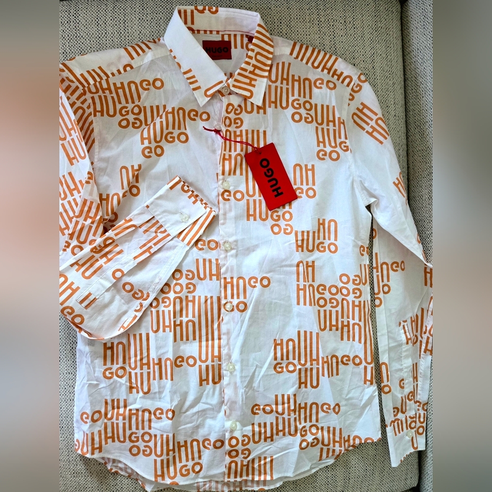 NWT HUGO BOSS Printed Slim-Fit White and Orange Patterned Shirt In Cotton Size:S - Picture 7 of 10